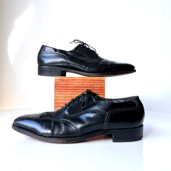 Vintage Mens Florsheim Black Brogued Wingtip Balmoral Oxford Dress Shoes  Size 10